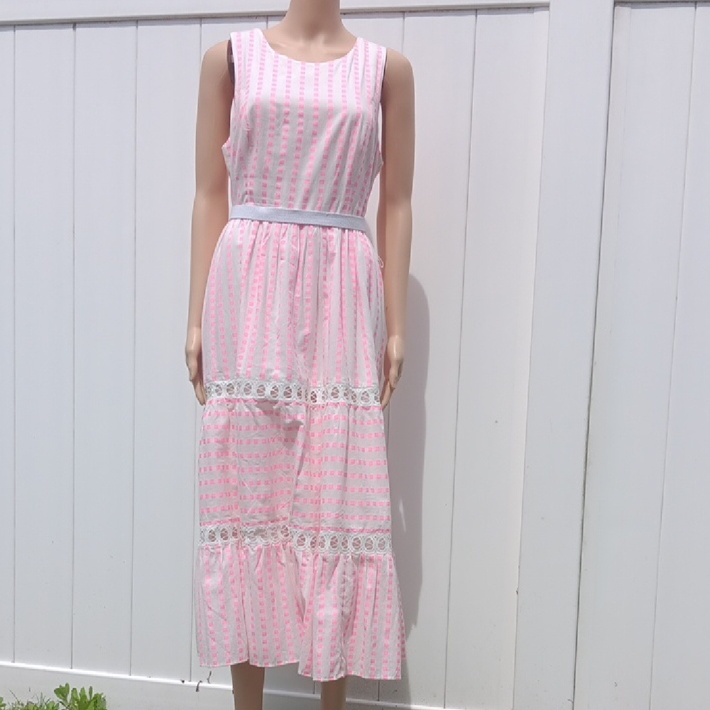 Lilly Pulitzer Pink and White Striped Midi Dress Size 10 100%cotton